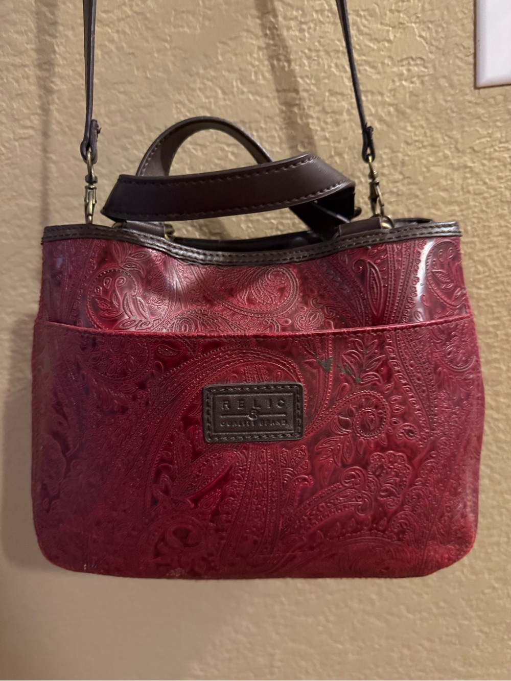 Relic Red Paisley-Embossed Crossbody with Brown Trim